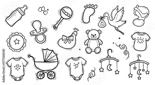 Baby items seamless pattern with hand drawn outline elements