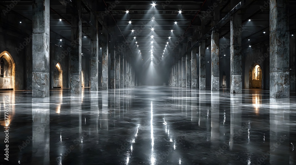 Fototapeta premium Vast, empty warehouse interior features a polished concrete floor reflecting ceiling lights, with tall pillars and dramatic shafts of sunlit dust.