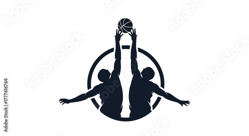 Silhouette of two basketball players jumping for the ball in a circular emblem, a symbol of competition and sportsmanship