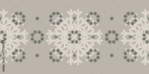 Monochrome Christmas seamless vector snowflake pattern on pale silver background. Beautiful seasonal pattern for wrapping paper, greeting cards, invitations, gift boxes and home decor.