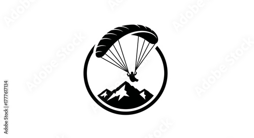 Monochrome circular icon of a paraglider soaring over mountain peaks, symbolizing extreme sports, freedom, and outdoor adventure