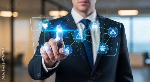 Businessman Interacting with Futuristic Digital Interface Displaying Security and Network Icons