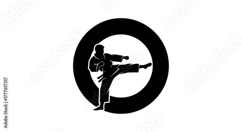 Karateka performing a dynamic front kick within a bold black circle emblem, representing martial arts discipline and power