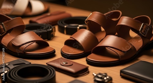 Stylish Brown Leather Sandals and Accessories.