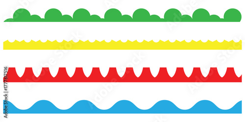 Modern pattern retro Scalloped set on white background. Colour pattern scallop vector icons set on white background. Simple vintage abstract scallop set. Scalloped edge on white page. EPS 10. 