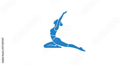 A vibrant blue illustration of a woman performing a yoga pose, embodying flexibility and well-being, set against a clean white background