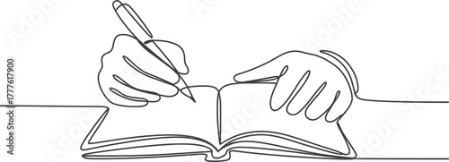 Writing hand pen book continuous line art minimal design education study note