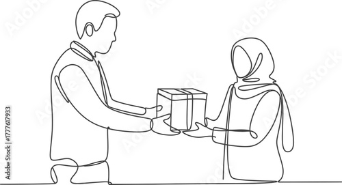 Gift giving present delivery woman hijab man line art continuous illustration