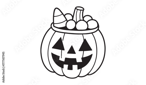 Black and white illustration of a happy jack o lantern candy bucket overflowing with treats