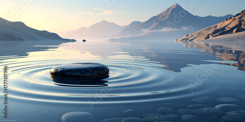 Stone's Impact Ripples Across Tranquil Water, A Moment of Peace in Mountainous Scenery