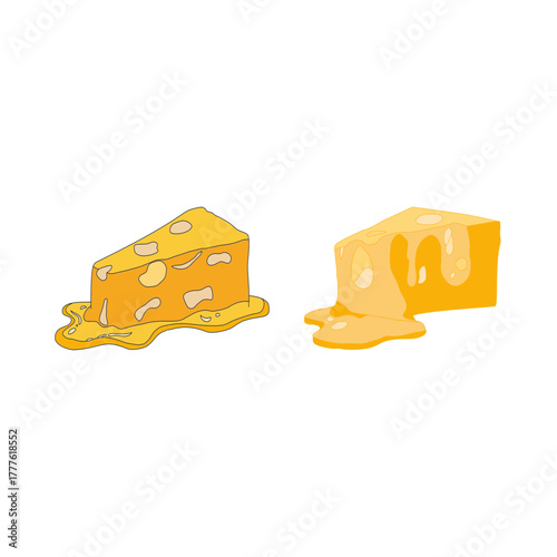 Melting cheese slice dripping. Gooey tasty dairy topping. Cheddar mozzarella snack icon. Creamy food ingredient for pizza sandwich burger design. Minimal outline vector and cartoon fill style.