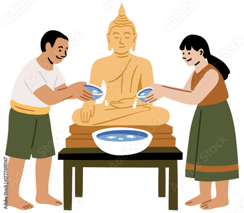 Colorful flat illustration depicting the Songkran Festival (Thai New Year) tradition of pouring scented water over a golden Buddha statue for purification and blessing, with a man and woman participat