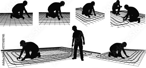Silhouette vector illustration of construction workers handling steel reinforcement mesh, preparing concrete foundation, teamwork, safety, engineering, architecture, labor, building, and industry