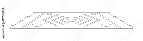 Geometric pattern rug 2D line object. Rectangular floor decor with symmetrical arrows and circles. Boho style weave carpet isolated clipart vector ink outline item. Monochrome spot illustration