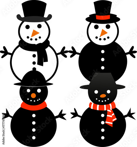 Different styles of snowmen with hats, scarves, and carrot noses ,black Silhouette , white background