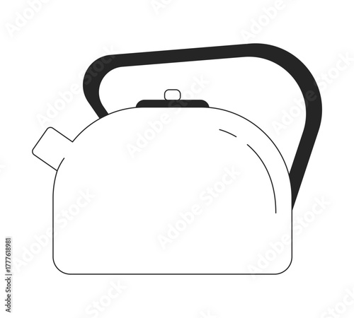 Tea kettle with modern black handle 2D line object. Kitchen tool. Stovetop kettle. Home appliance. Boiling water teakettle isolated clipart vector ink outline item. Monochrome spot illustration