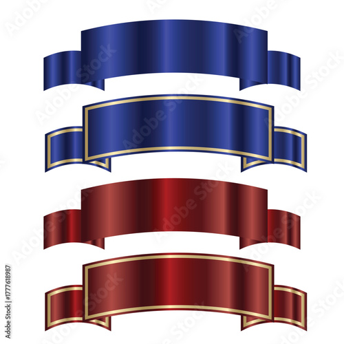 Set of four vector ribbons, two blue and two red, with gold borders.