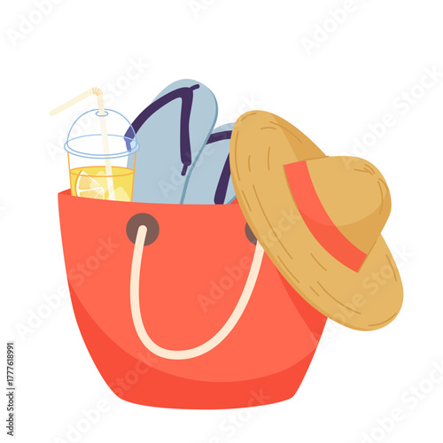 Red beach bag with hat, flip flops, and drink on white isolated background vector illustration