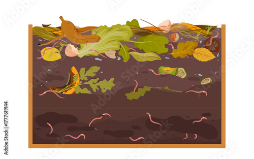 Organic waste, leaves, and food scraps decomposing in soil with earthworms, showing composting process and nutrient recycling, isolated on white background vector illustration