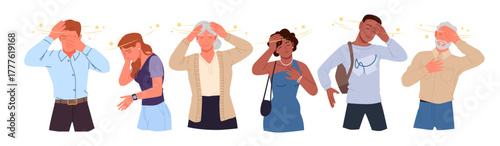Sick people with flying vertiginous stars around head and vertigo set. Dizzy female and male characters feeling headache and discomfort, old grandpa and grandma with stress cartoon vector illustration