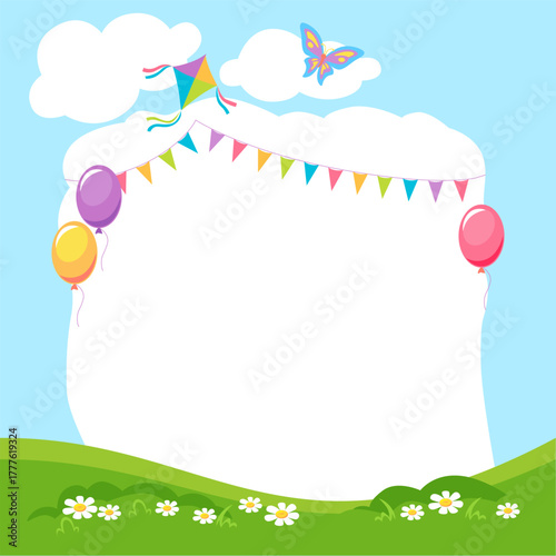 Vibrant summer frame featuring balloons, a kite, and a butterfly against a bright sky, perfect for children's projects.