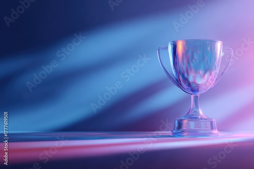 Illuminated Trophy Cup on Podium - Symbol of Achievement with Purple to Blue Gradient and Shadow Detail