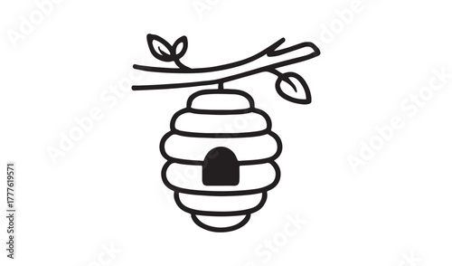 Hand drawn illustration of a beehive hanging from a tree branch with leaves