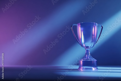 Glowing Achievement - Transparent Trophy Cup with Purple to Blue Gradient, Podium Shadow.