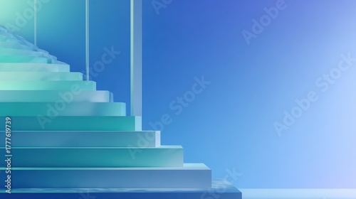 Futuristic Progress: Ascending Staircase Arrow in Indigo to Cyan Gradient with Minimal Geometry, Metaphor for Growth and Success