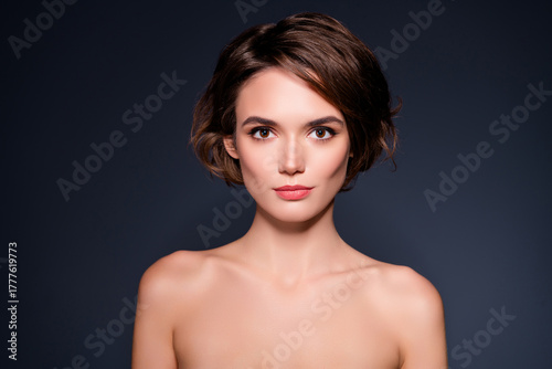 Cuadro en lienzo Photo of stunning beautiful tender lady with perfect ideal facial skin isolated