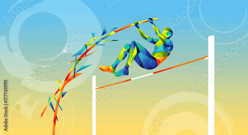 Pole Vaulting Performance, Sports Figure, Athletic Arena, Illustration Art, Vibrant Environment, Dynamic Viewpoint, Energy Concept