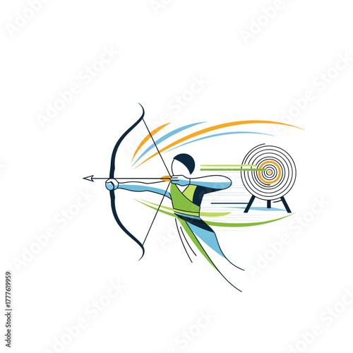 Archer Aiming at Target in Outdoor Setting, Dynamic Illustration, Focused on Precision and Skill
