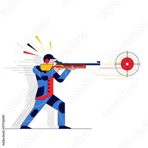 Shooting Competition, Marksman, Indoor Range, Illustration, Dynamic Action, Focused Perspective, Precision Targeting Techniques