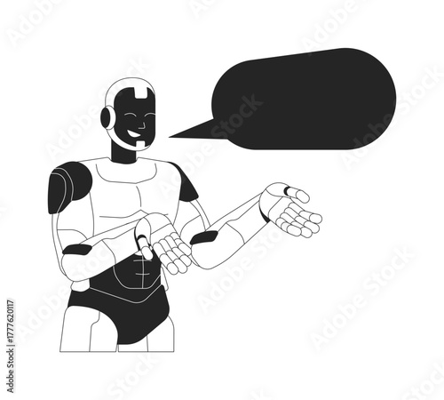 Smiling AI robot communicating with empty speech bubble 2D line character. Digital assistant with dialog box. Friendly humanoid isolated vector ink outline personage. Monochromatic spot illustration