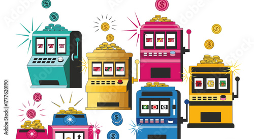 Exciting Slot Machine Action, Casino Games, Vibrant Colorful Environment, Digital Illustration, Fun Concept