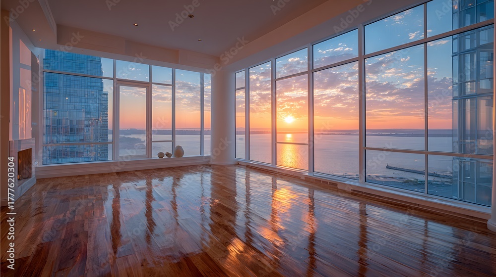 Obraz premium Expansive, empty luxury room with a polished hardwood floor reflecting a stunning panoramic ocean view from its large floor-to-ceiling windows.
