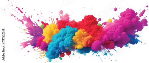 Colorful holi powder explosion vibrant pigment cloud with paint splashes isolated on white background