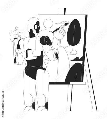 Artificial intelligence painting landscape 2D line character. AI robot painter creating generative artwork on easel isolated vector ink outline personage. Monochromatic spot illustration