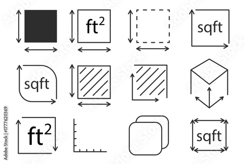 Area measurement square line icon. Square foot ft size, space length, symbol. Quantity area, m2 measuring area. 