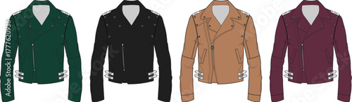 Vector illustration set of women's leather biker jackets in green, black, brown, and burgundy. Fashion apparel technical flat sketch for design