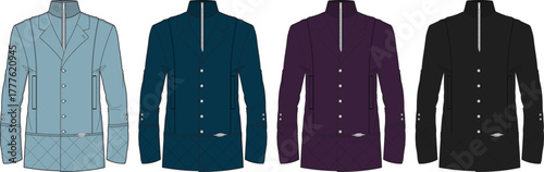 Vector collection of men's stylish high-collar jackets with quilted details, presented as a technical flat sketch in four different color options for fashion design