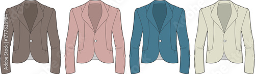 Fashion design technical flat sketch of a classic women's blazer in a set of four different colors