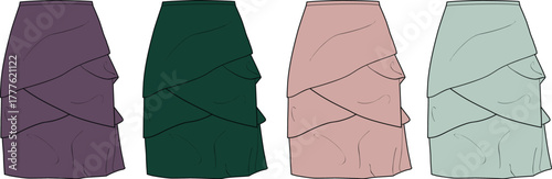 Fashion illustration featuring four distinct tiered skirts with flowing ruffles, rendered in different shades to inspire clothing design and style for women
