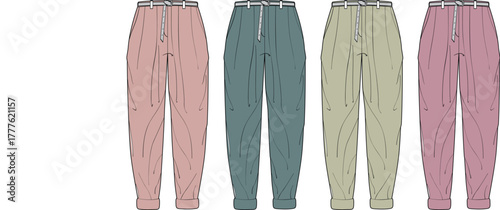 A technical fashion flat sketch collection of jogger pants with a drawstring waist, shown in four different colorways. Vector apparel design template