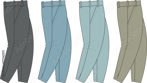 Set of four classic men's pants in different shades. A flat vector apparel template ideal for clothing mockups or wardrobe concepts