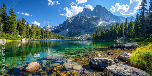 Breathtaking panoramic view of a pristine alpine lake with crystal clear turquoise water reflecting rugged mountain peaks and a summer sky