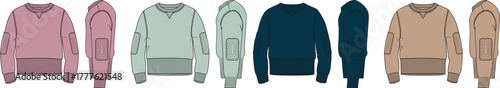 Detailed technical fashion drawings of casual long-sleeve tops with pockets