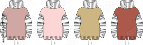 Vector illustration of a women's turtleneck sweater fashion flat. Technical drawing set showing layered striped sleeves and drawstring details in multiple colorways for apparel design