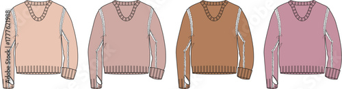 Vector illustration set of women's V-neck pullover sweaters with long sleeves and thumbholes. Technical flat sketch for apparel design