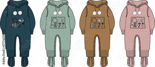 Fashion flats illustrating a colorful collection of four infant rompers, each featuring unique graphic prints and cozy designs, suitable for baby apparel concepts